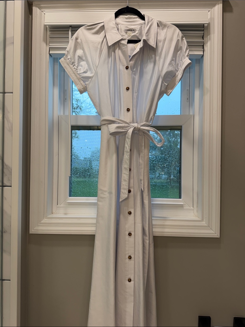 Calvin Klein White Button-Front Maxi Shirt Dress with Tie